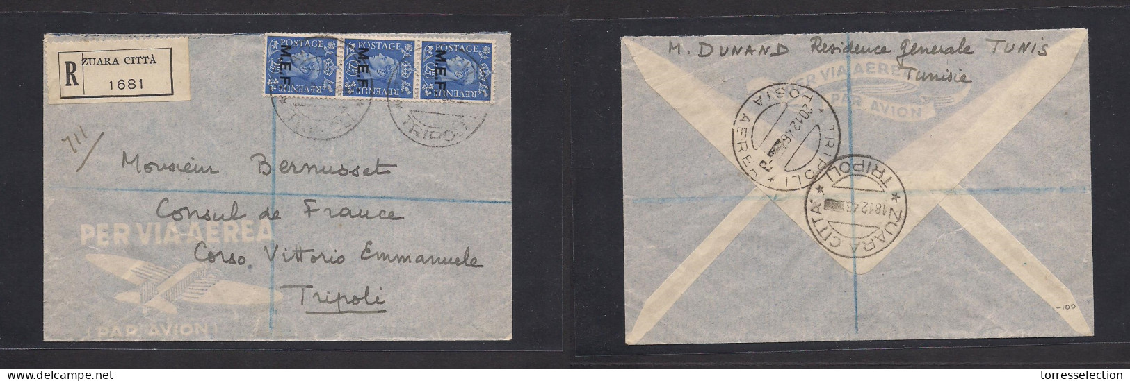 LIBIA. 1946 (18 Dec) MEF, Zuara - Tripoli (20 Dec) Registered MEF Ovptd GB Issue Multifkd Env. VF. - Libye