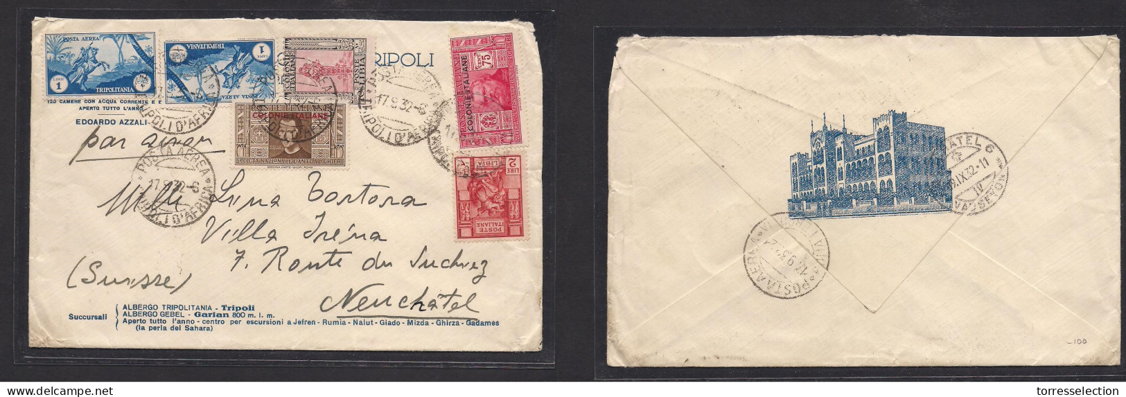 LIBIA. 1932 (17 Sept) Tripoli - Switzerland, Neuchatel (19 Sept) Multifkd Air Mail Envelope, Mixed Issued + Ovptd. Comer - Libye