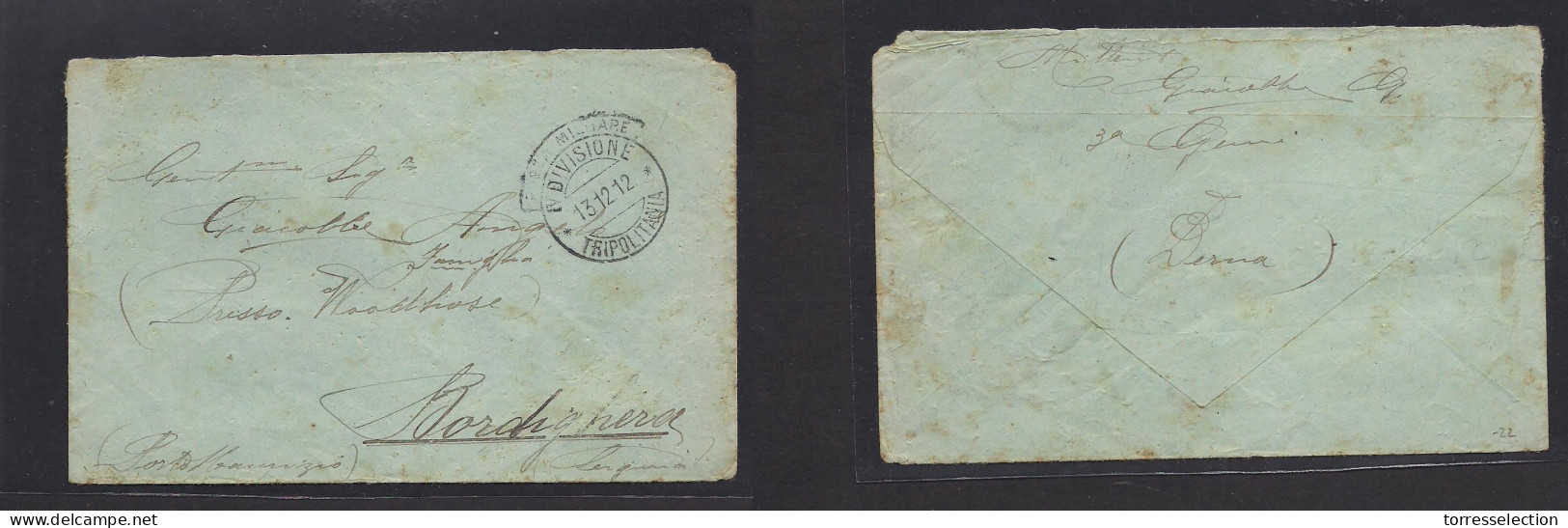 LIBIA. 1912 (13 Dec) Italian Military Mail. Tripolitania / IV Divisione - Italy, Bordghera. FM Envelope + Depart Cachet. - Libye