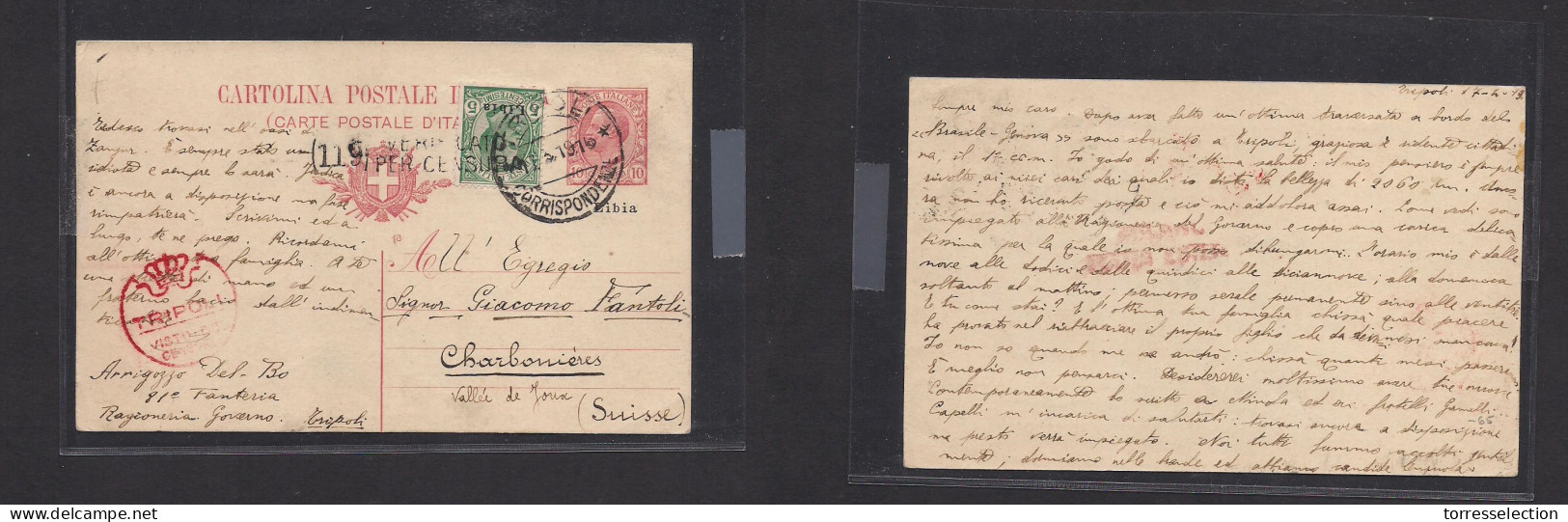 LIBIA. 1916 (17 March) Italian Post Office. Tripoli - Switzerland, Charbonieres Ovptd 10c Stat Card + 5c Adtl, Cds + WWI - Libyen