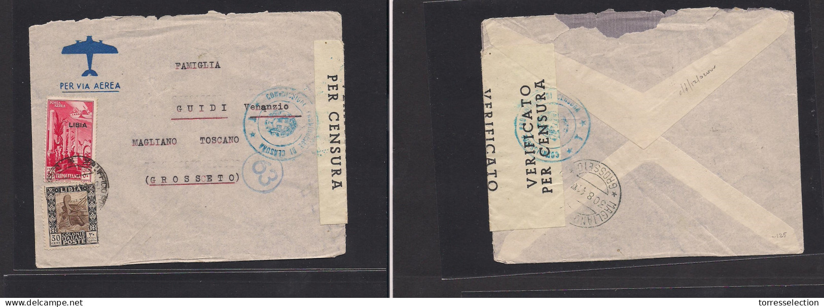 LIBIA. 1941 (24 Aug) GPO Tripoli - Grosseto, Magliano. Air Multifkd Mixed Usage Incl Ovptd Issue + WWII Censor, Italian  - Libyen