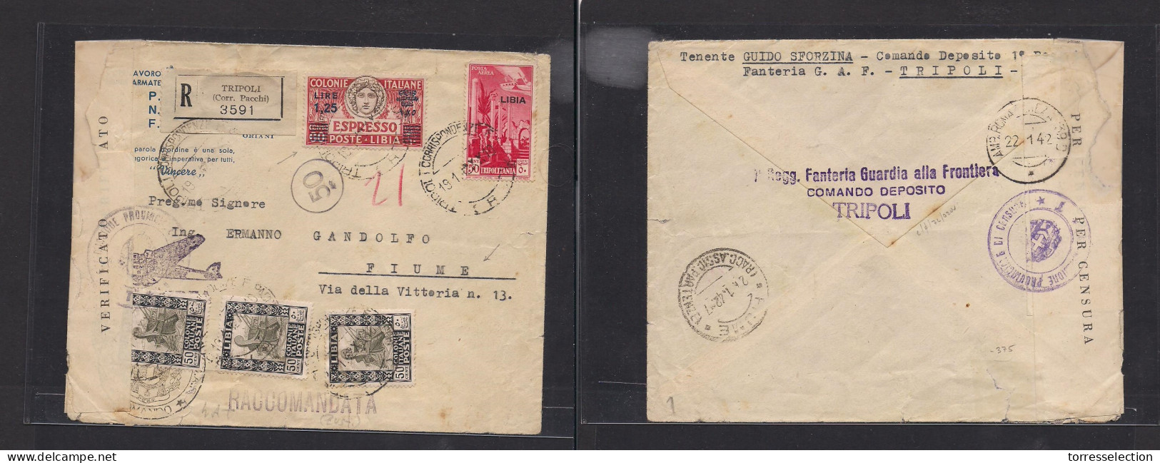 LIBIA. 1942 (19 Jan) Italiian P.O WWII. Tripoli - FIUME, Adriatic Sea (26 Jan). Registered Air Censored Express Service  - Libië