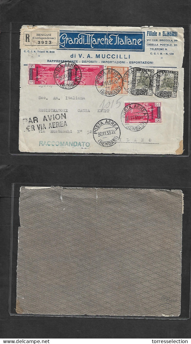 LIBIA. 1933 (30 Nov) Italian, Cirenaica. Bengasi - Milano, Italy. Registered Air Multifkd Front Envelope, Mixed Issues.  - Libye