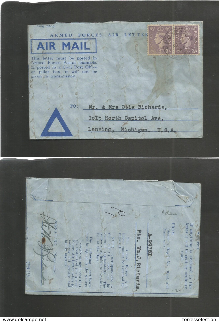 LIBIA. 1944 (23 Aug) WWII. El Adem Wing. FPO Air Letter Sheet To USA, Michigan, Lansing. Fkd GB 3D Lilac (x2) Cds. Fine  - Libyen