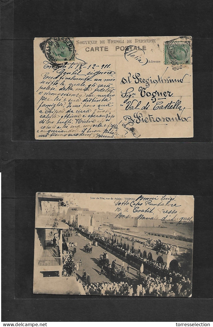 LIBIA. 1911 (18 Dec) Italian Post Office. Tripoli - Pietrasanta, Lucca, Italy. Early Multifkd Ppc. Azizia Feria Procesio - Libye