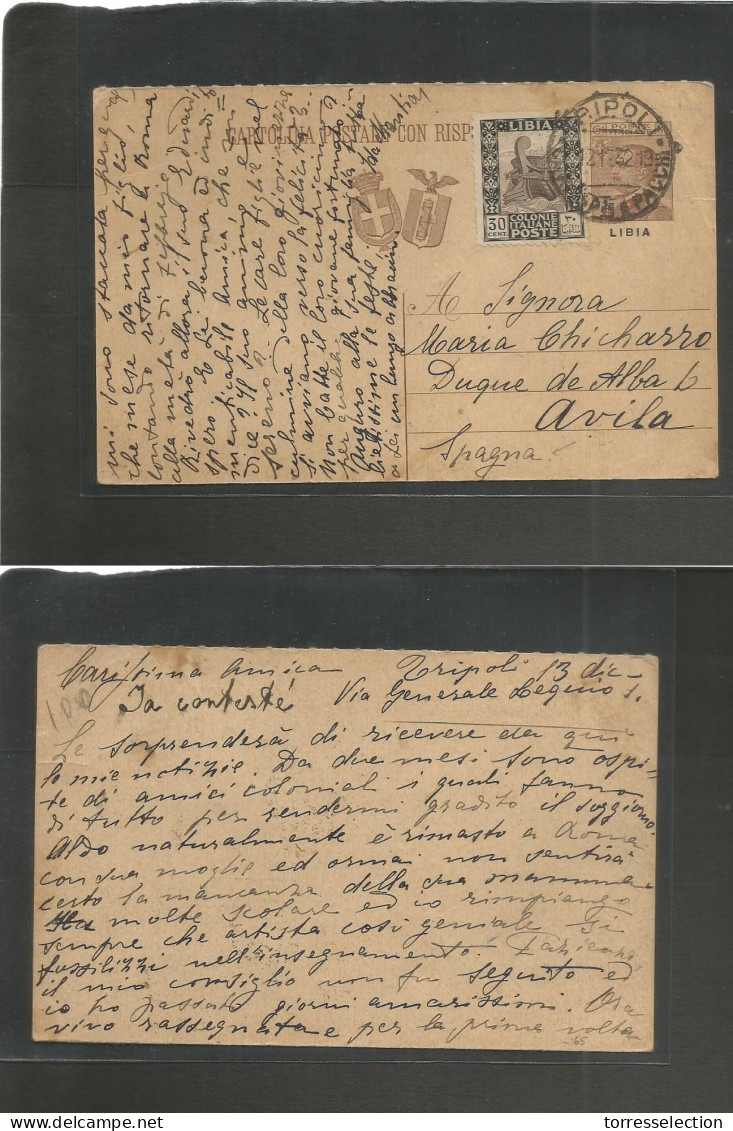 LIBIA. 1932 (12 Dec) Italian Ovptd Stationary Card. Tripoli - Spain, Avila. 30c Brown Stat + Adtl, Cds. Rarity Familiar  - Libyen