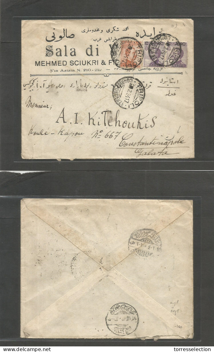 LIBIA. 1924 (2 Feb) Tripoli - Turkey, Constantinople. Bilingual Text Multifkd Italian PO "Libia" Ovptd Cds Envelope. Fin - Libye