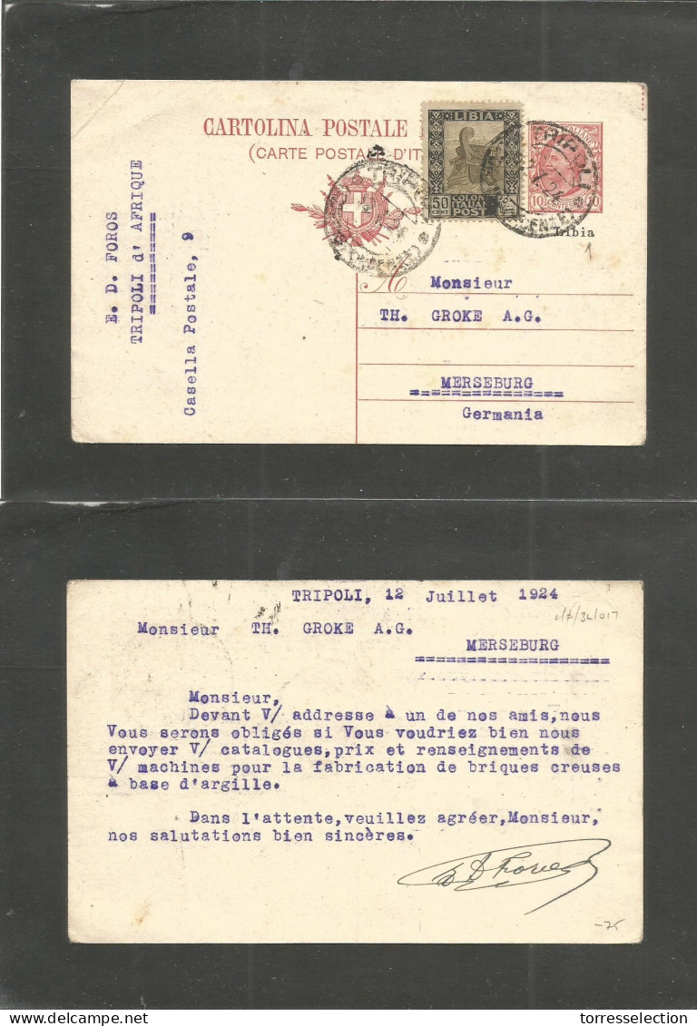 LIBIA. 1924 (12 July) Italian Postal Administration. Tripoli - Germany, Merseburg. Ovptd Stat Card + Adtl, Cds. Fine. - Libye