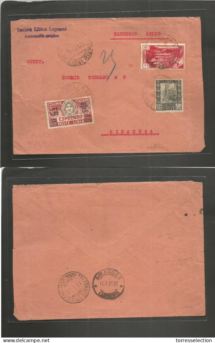 LIBIA. 1931 (16 July) Tripoli - Siracuse. Express Air Mixed Fkd Libia + Tripolitania + Express Poste Libia Ovpt Stamp, A - Libyen