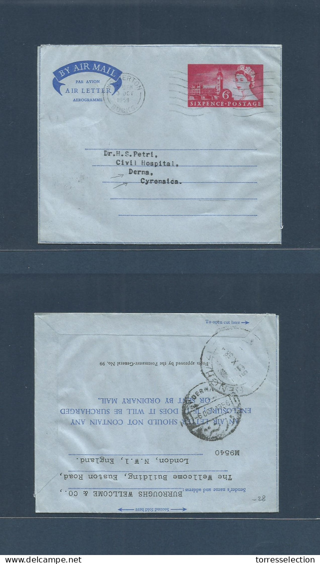 LIBIA. 1958 (3 Oct) UK, Woverton - Cyrenaica, Derna, Civil Hospital (6 Oct) GB 6d QEII Stationery Air Letter Sheet With  - Libye