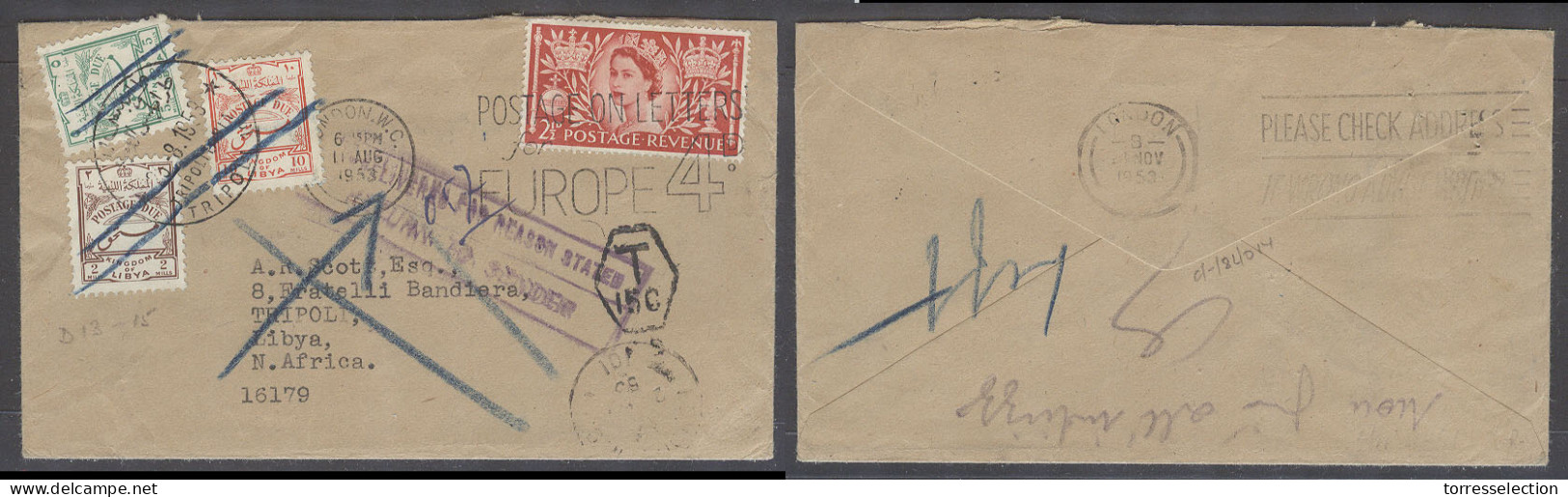 LIBIA. 1953 (August - November). GB - Tripoli - Returned. Fkd Env Taxed With Tied Pdues VF Scarce Usage Arrival Returned - Libya