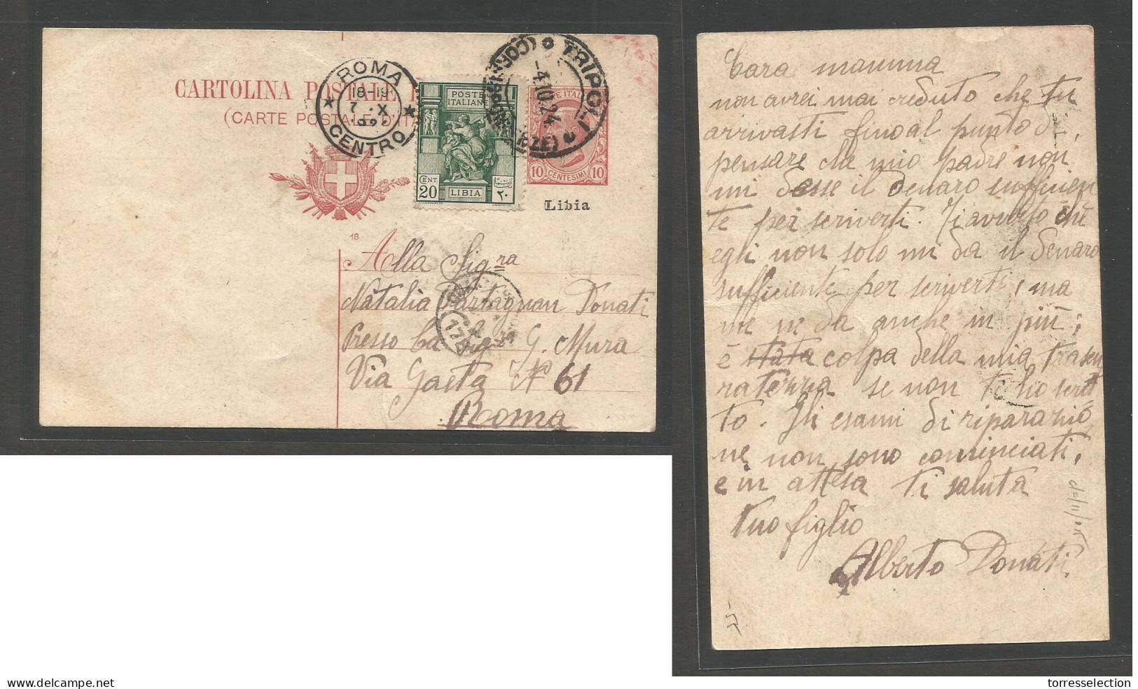 LIBIA. 1924 (4 Oct) Tripoli - Italy, Rome (7 Oct) Libia Ovptd Stat Card 10c + Adtl. Fine Used. - Libye