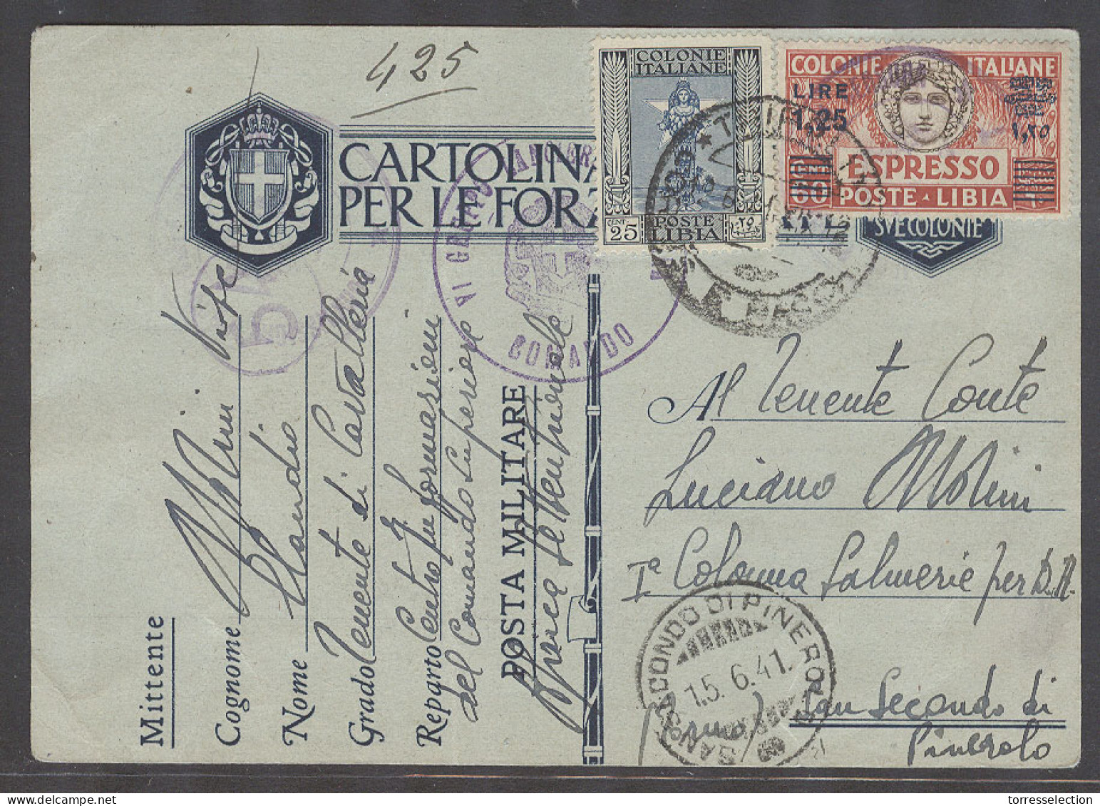 LIBIA. 1941 (10 June). Tripoli - San Secondo Di Pinerolo (15 June). Stat Card 2adtls Incl Express Libia Stamp Tied. Scar - Libya