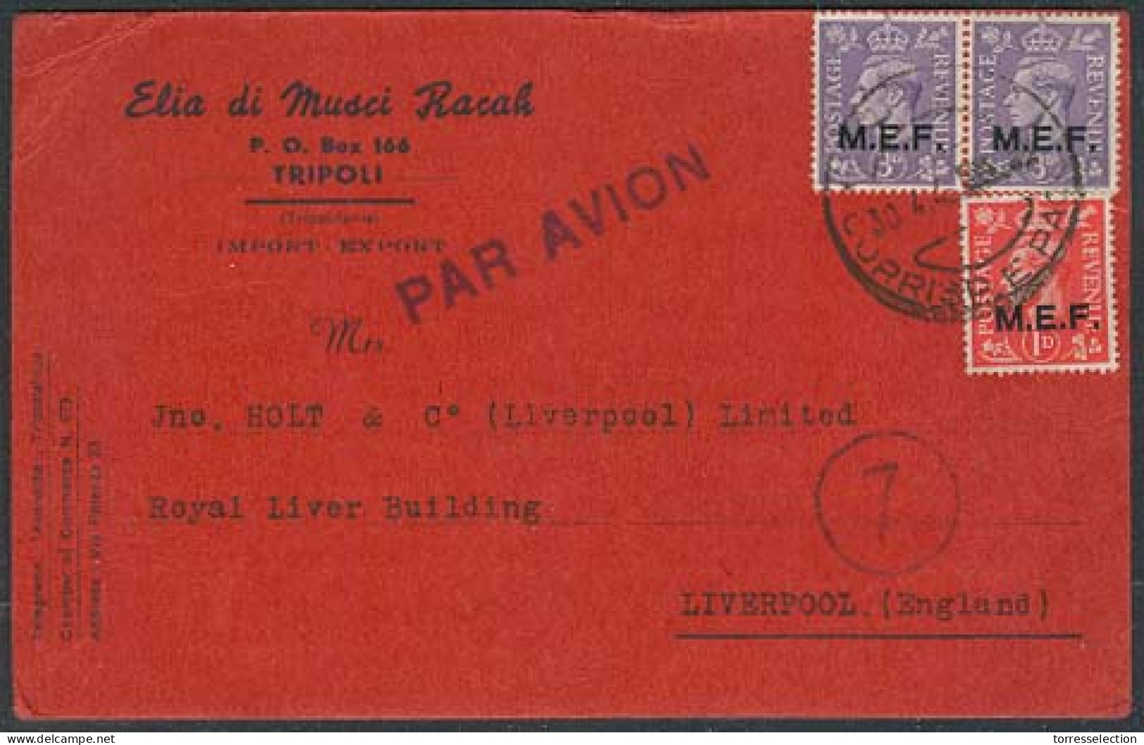 LIBIA. 1946 (26 April). MEF Tripoli - UK. Private Fkd Card. Airmail. VF + 7. - Libya