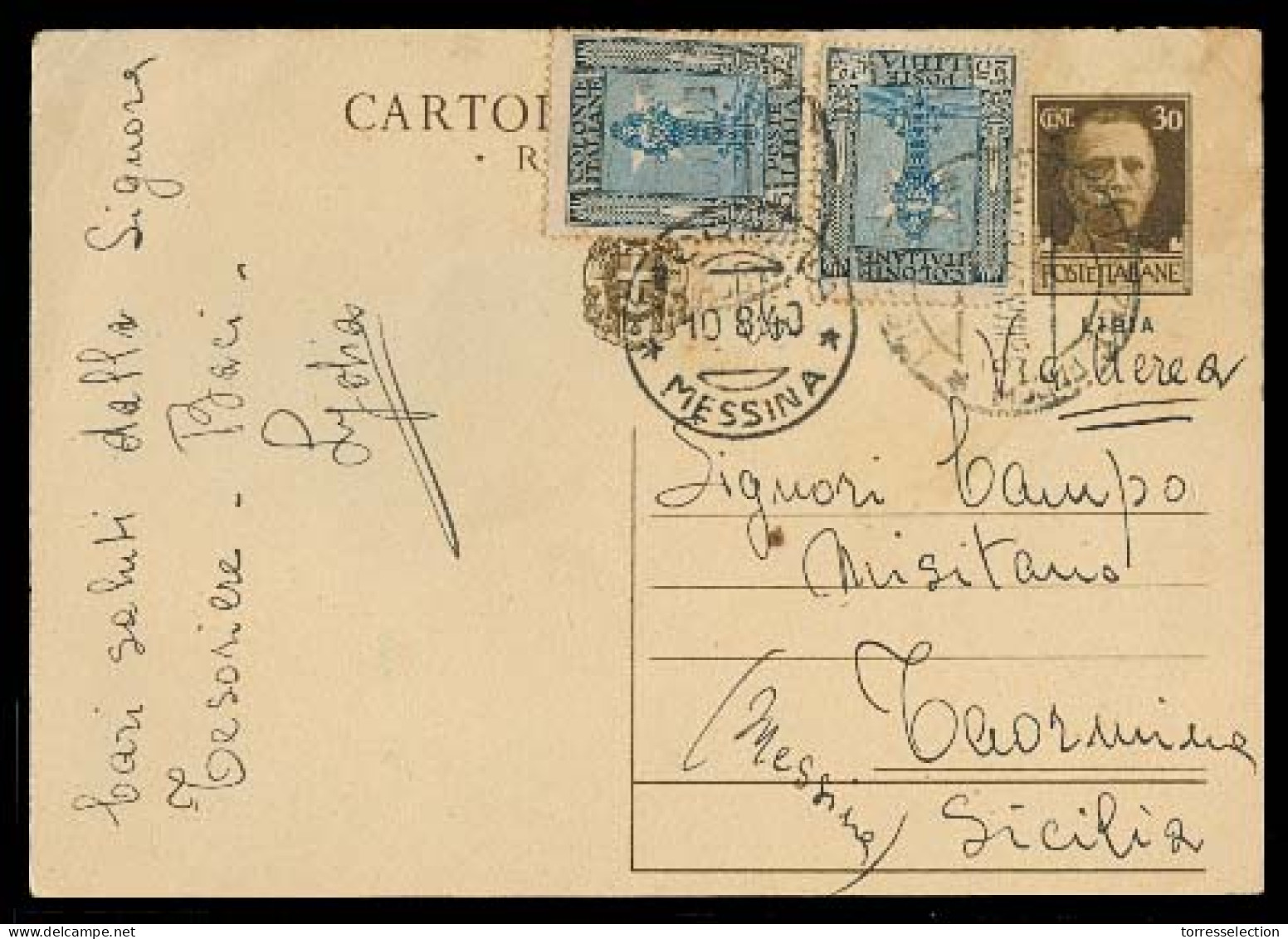 LIBIA. 1940 (10 Aug). Tripoli - Sicily. 30c Stat Card Ovptd + 2 Adtls. F-VF. - Libya