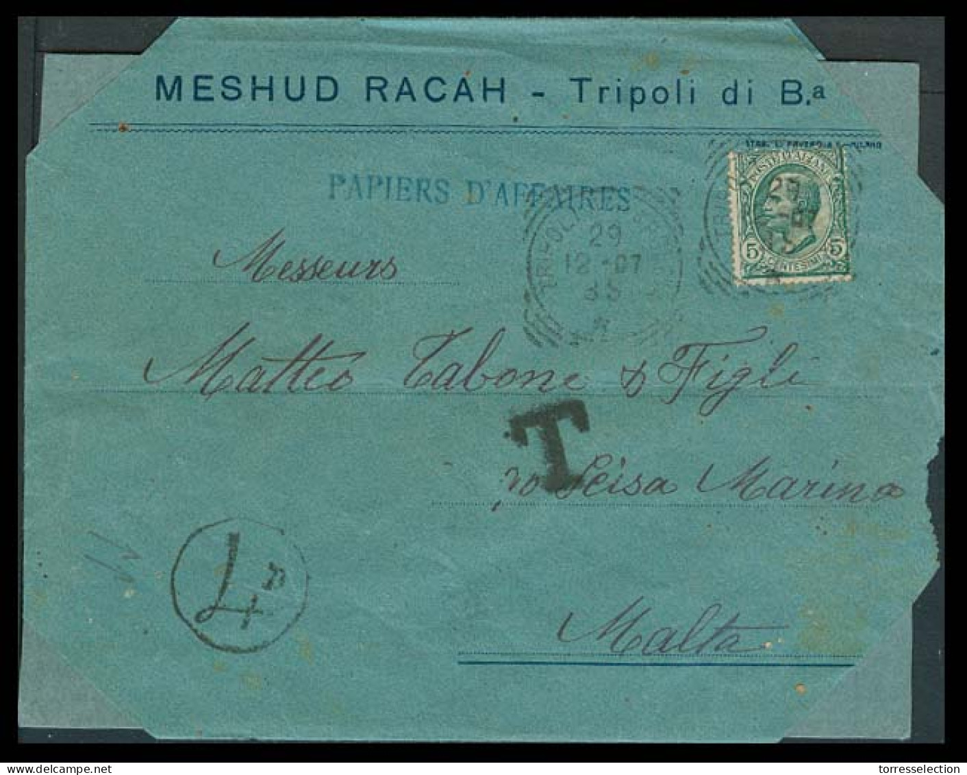 LIBIA. 1907. Tripoli - Malta. Fkd Env As Printed Wrapper Rate 5c / Cds + Taxed + 4d Arrival Pmk. Scarce. Env Was Cut In  - Libya