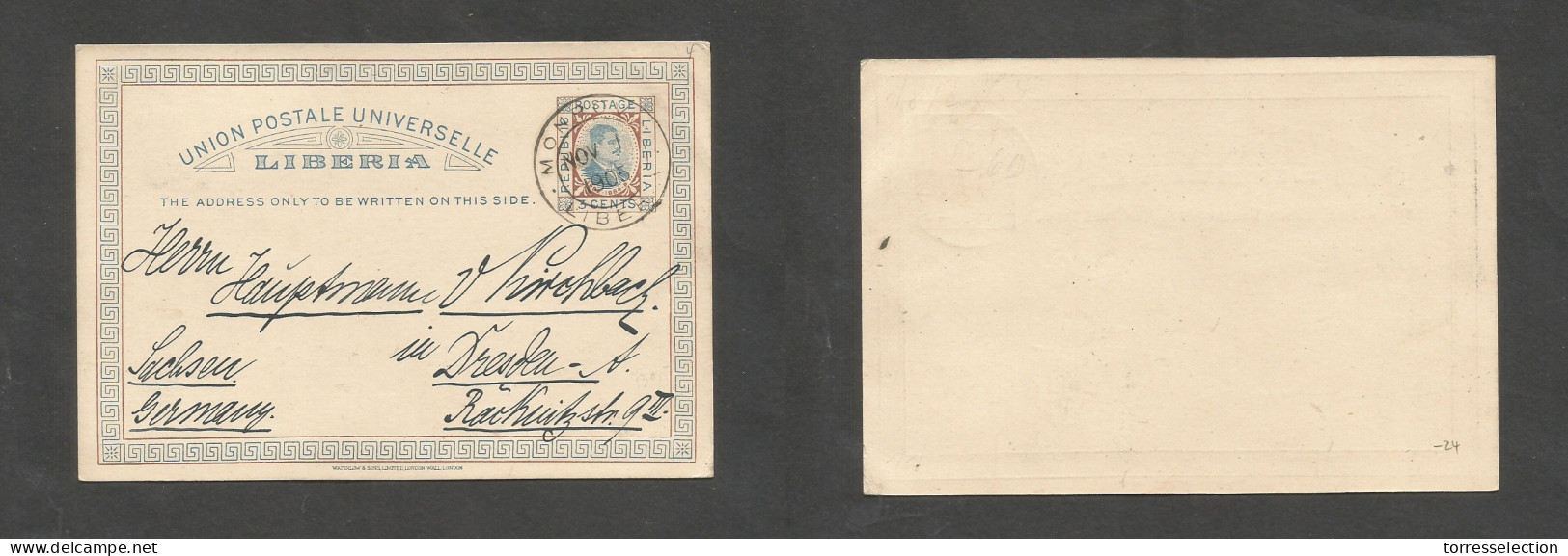 LIBERIA. 1905 (1 Nov) Monrovia - Germany, Dresden, Sachsen. 3c Bicolor Stat Card. Fine. - Liberia