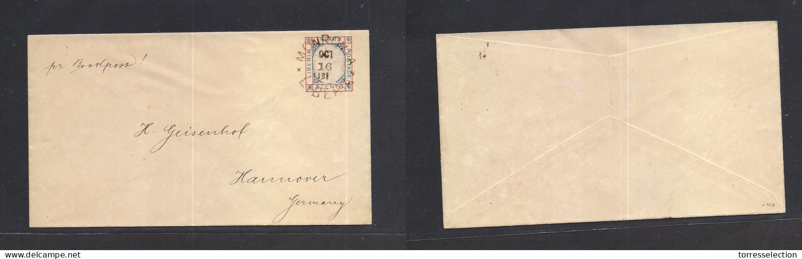 LIBERIA. 1891 (16 Ict, Inverted Date) Monrovia - Germany, Hannover. Bicolor Cancelled Stat Env. Bookpost Rate. Fine. - Liberia