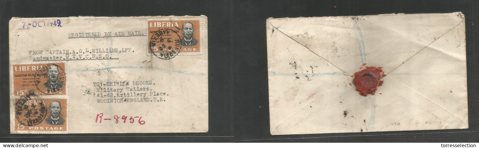 LIBERIA. 1949 (3 Oct) Monrovia - England, Woolvich (7 Oct) Registered Air Multifkd Env At 45c Rate, Tied Cds. Military M - Liberia