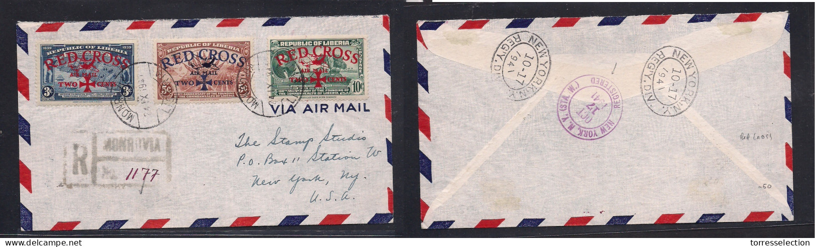 LIBERIA. 1941 (24 Sept) RED CROSS. Monrovia - USA, NYC (17 Oct) Registered Multifkd Ovptd Issue Air Envelope. Reverse Tr - Liberia