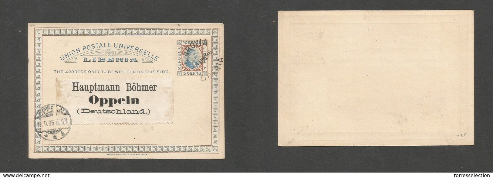 LIBERIA. 1896 (20 Aug) Monrovia - Germany, Oppeln (15 Sept) BC Bicolor Stat Card + Arrival Cachet. - Liberia