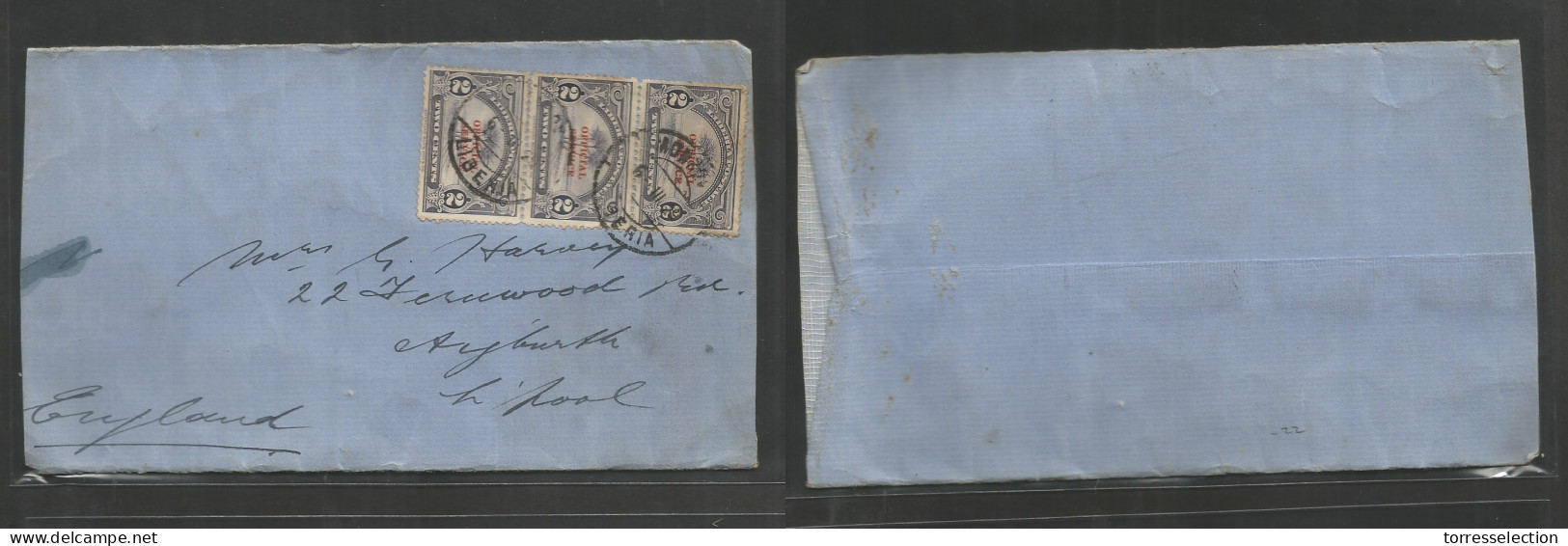 LIBERIA. 1929 (6 March) Monrovia - Liverpool, UK. Official Ovptd Multifkd Env, Tied Cds. 6c Rate. - Liberia