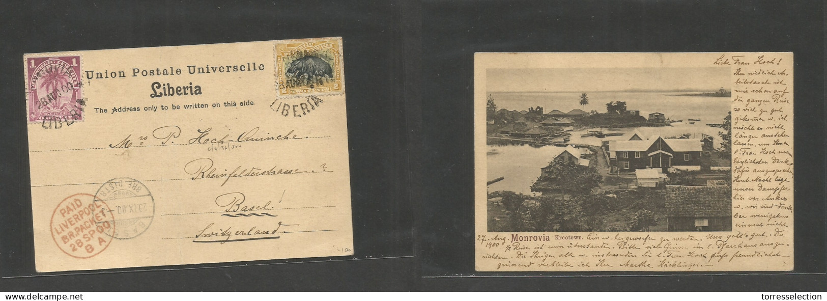 LIBERIA. 1900 (28 Aug) Monrovia - Switzerland, Basel (29 Sept) Via Liverpool Br. Packet (28 Sept) Multifkd Photo Ppc, Ti - Liberia