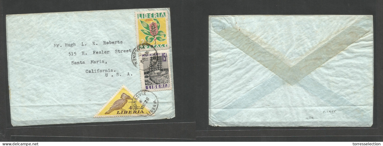 LIBERIA. C. 1955 (28 March) Monrovia - USA, CA, Sta Maria. Multifkd Env Thematics, Birds, Flowers, Tied Cds. Scarce VF. - Liberia