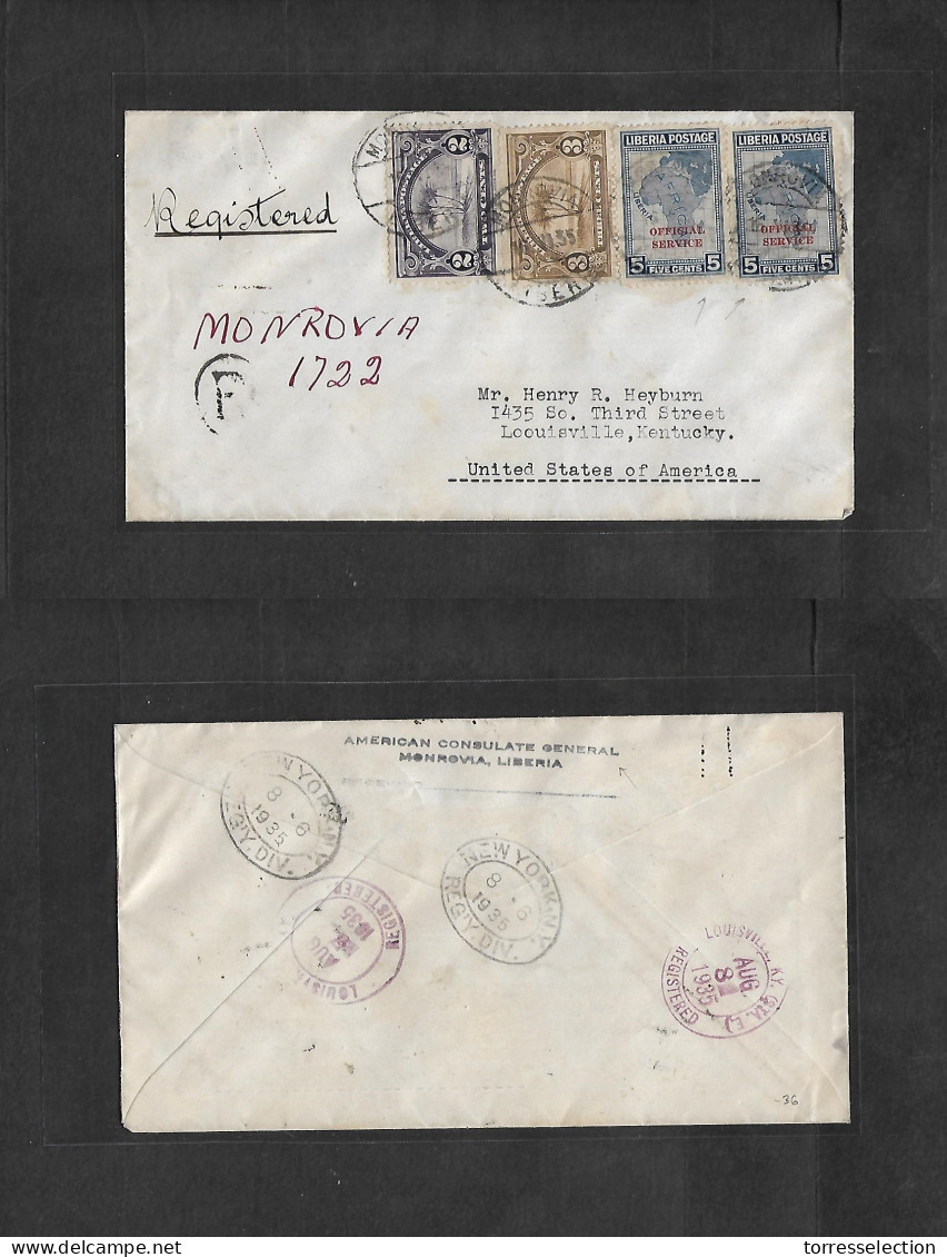 LIBERIA. 1935 (16 June) Monrovia - Usa, Louisville, Kentucky (6-8 Aug) Consular Mail Registered Multifkd Env Incl Offici - Liberia