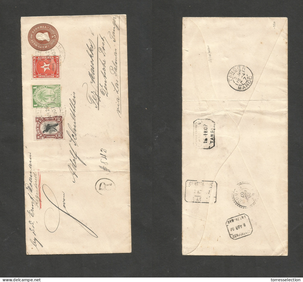 LIBERIA. 1907 (26 March) Harpee - Fez, Marruecos (20 Apr) German Post Office Via Las Palmas - Tanger Per "SS Ernst Woerm - Liberia