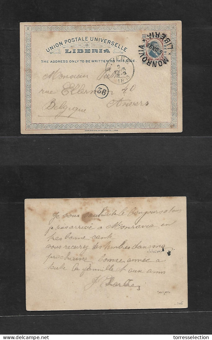 LIBERIA. 1893 (5 Jan) Monrovia - Belgium, Anvers (3 Feb) 3c Bicolor Stat Card, Superb Cds + Arrival Cachet. Gorgeous Ite - Liberia