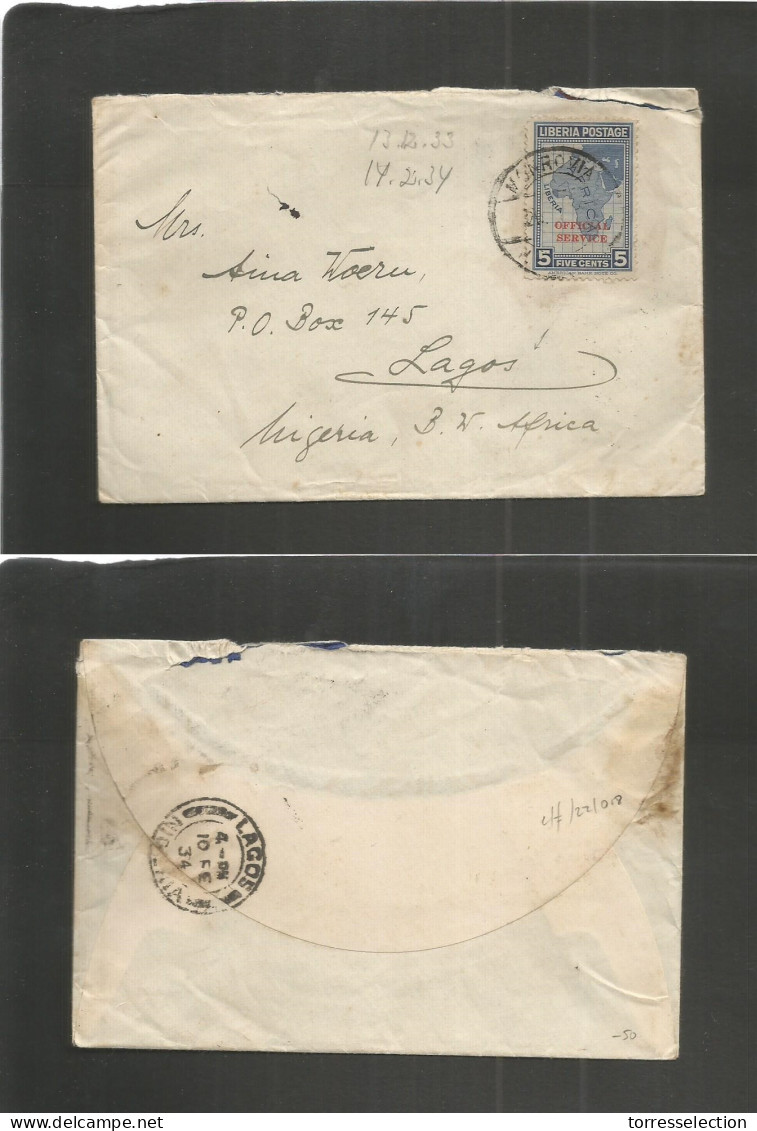 LIBERIA. 1933 (13 Dec) Monrovia - Lagos, Nigeria, British West Africa (10 Feb 34) Fkd Envelope Official Service Stamp Cd - Liberia