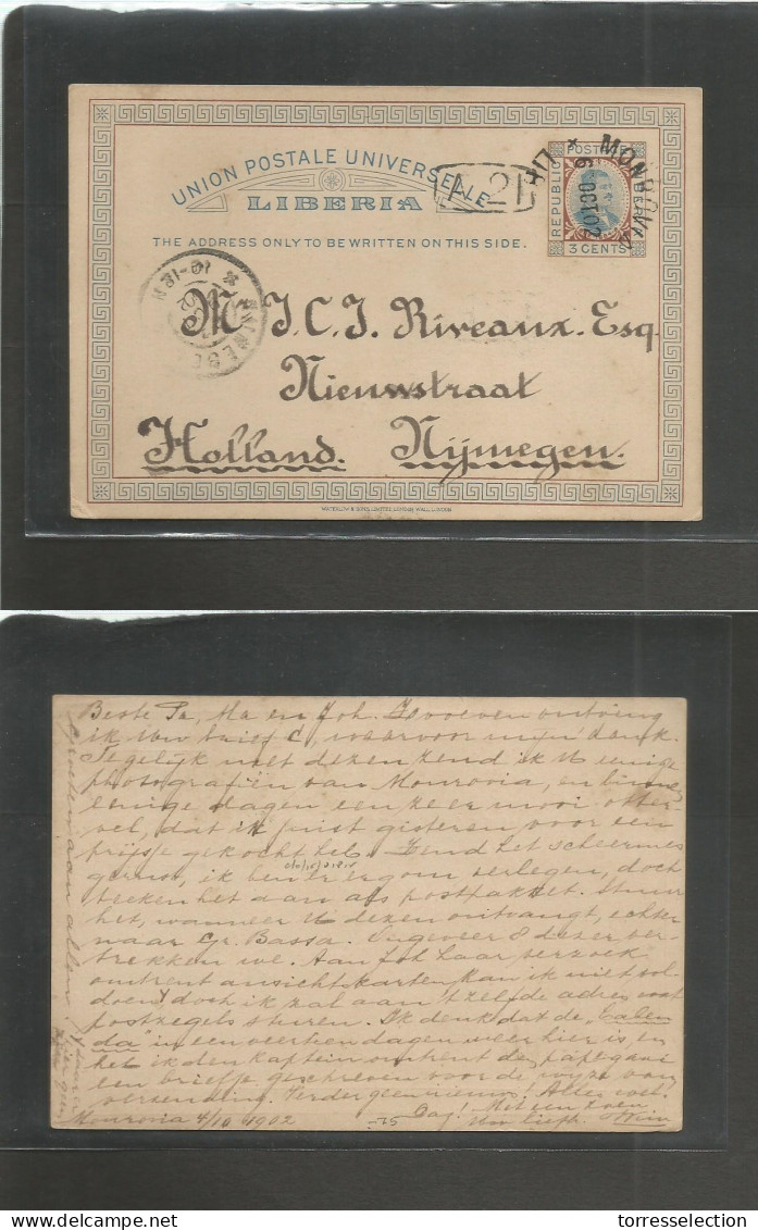 LIBERIA. 1902 (4 Oct) Monrovia - Netherlands, Nijmegen. 3c Tricolor Stat Card, Cds + Arrival On Front. VF. - Liberia