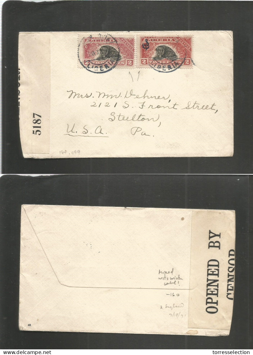 LIBERIA. C. 1916 (20 Nov) WWI Monrovia - USA, Steelton, PA. Fauna Multifkd + Censored Envelope. Mixed Usage Of Some Stam - Liberia