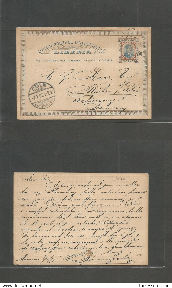 LIBERIA. 1896 (7 Nov) Monrovia - Germany, Koln (7.01.97) Tricolor Stat Card. Fine Used. - Liberia