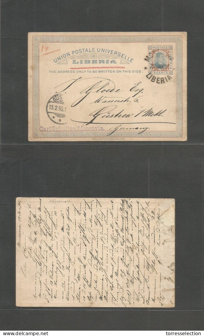 LIBERIA. 1895 (28 Jan) Monrovia - Germany, Gustrow (15 Febr) 3c Tricolor Stat Card. Fine Used. - Liberia