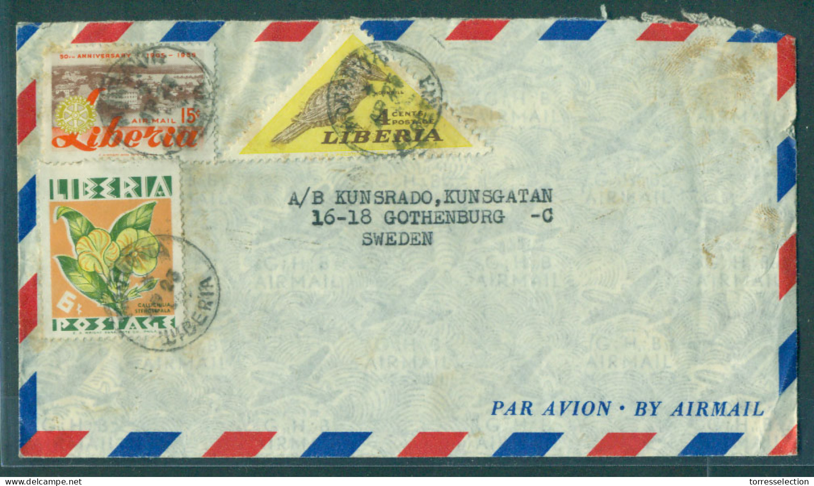 LIBERIA. C.1955 (23 April). Monrovia - Sweden, Gothenburg. Air Multifkd Flora Y Fauna Issue Triangular Stamps Rotary. - Liberia