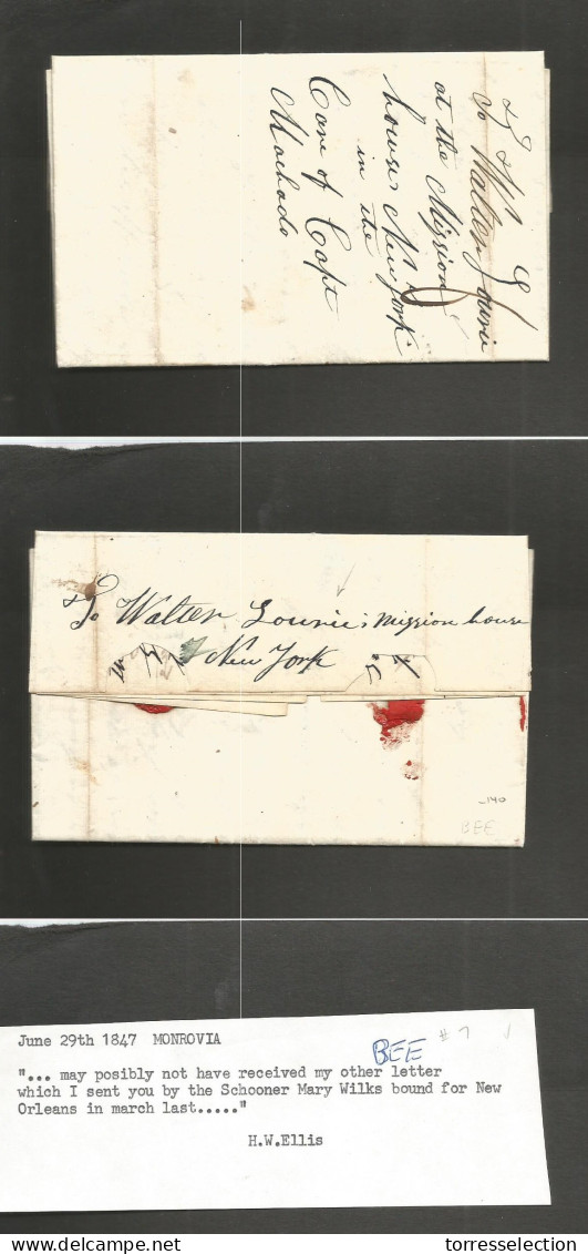 LIBERIA. 1847 (29 June) Monrovia - USA, NYC (Sept 13) EL Full Text Endorsed By Captain Machado Via Mission House / NY. T - Liberia