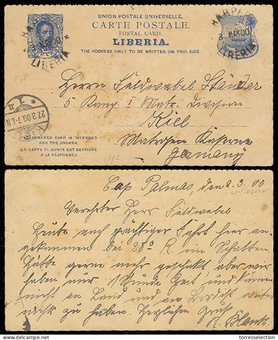 LIBERIA. 1900 (3 March). Cap Palmas - Harper - Germany. 3c Stat Card Used. - Liberia