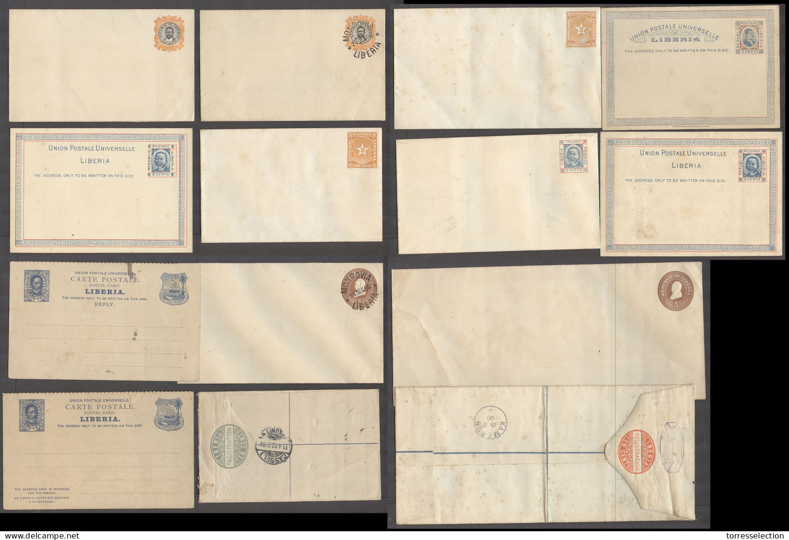 LIBERIA. C.1890-1910. Stat Mint Selection 14 Diff Incl Doble Cards Env Two Are Used Missing Stamps On Reverse. Precancel - Liberia