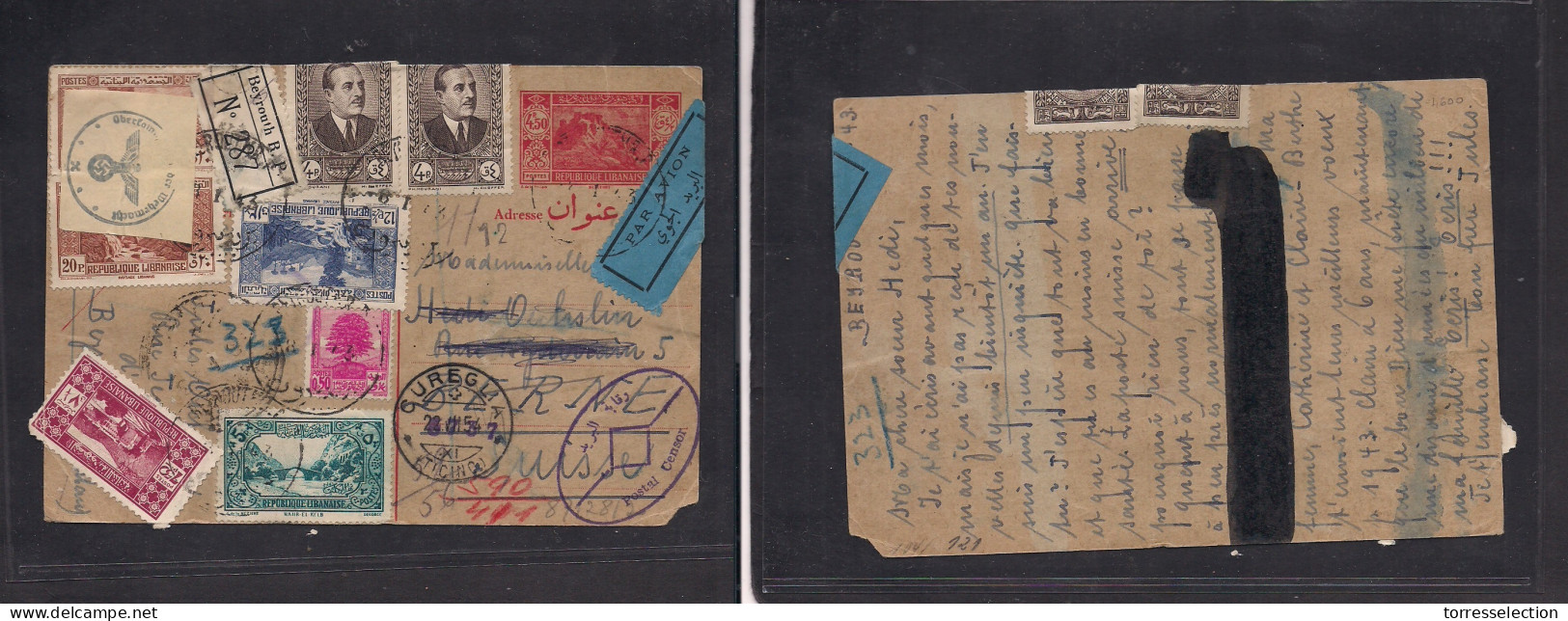 LEBANON. 1943 (18 Jan) WWII. Beyrouth - Switzerland, Bern. Rare Registered 4,50p Multifkd Stationery Airmail Card, Egypt - Lebanon
