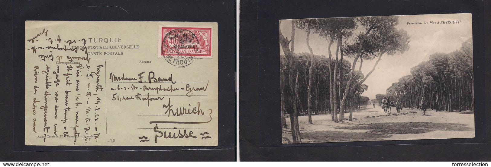 LEBANON. 1922 (19 March) OMF Syrie, Beyrouth - Switzerland, Zurich. 2pi Ovptd Single Photo Ppc Fkd Env. Fine Nice Usage. - Líbano