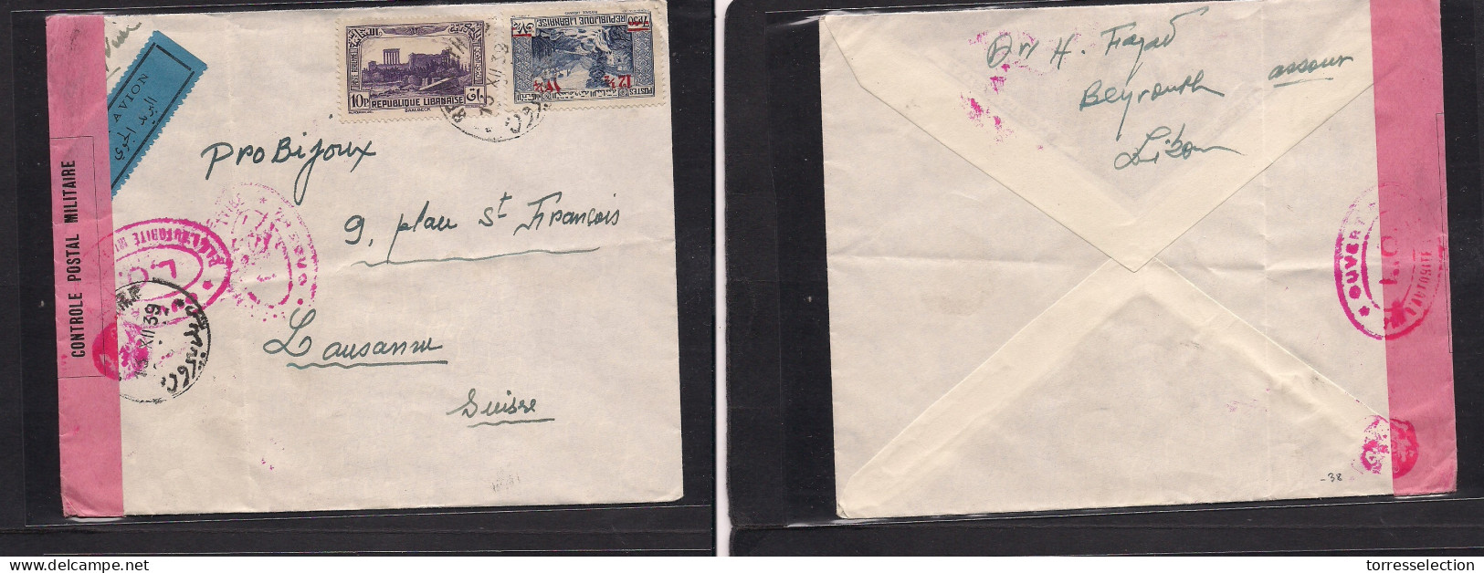 LEBANON. 1939 (13 Dec) Beyrouth - Switzerland, Lausanne. Air Multifkd WWII Censored Env, Depart Pmk Label, Tied. Fine. - Lebanon