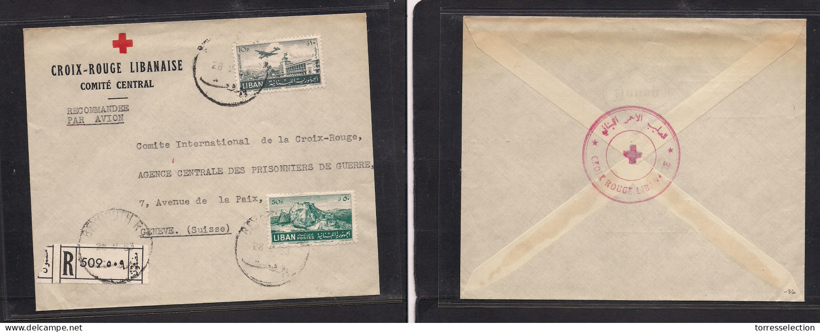 LEBANON. 1953 (28 May) Lebanese Red Cross. Beyrouth - Switzerland, Geneva. Printed Multifkd Registered Envelope At 60p R - Lebanon