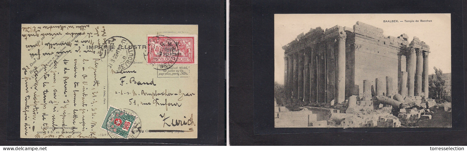 LEBANON. 1922 (31 March) OMF Syria, Beyrouth - Switzerland, Zurich (10 April) 2pi Photo Fkd Ppc + Taxed + Arrival Swiss  - Lebanon