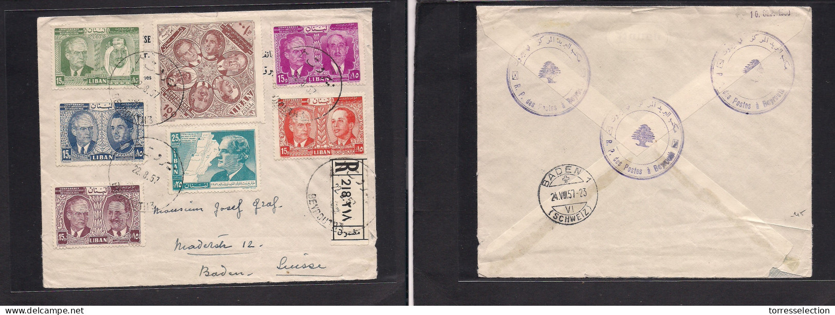 LEBANON. 1957 (22 Aug) Beyrouth - Switzerland, Baden (24 Aug) Registered Air Multifkd. Commemorative Issue. Intl Confere - Lebanon