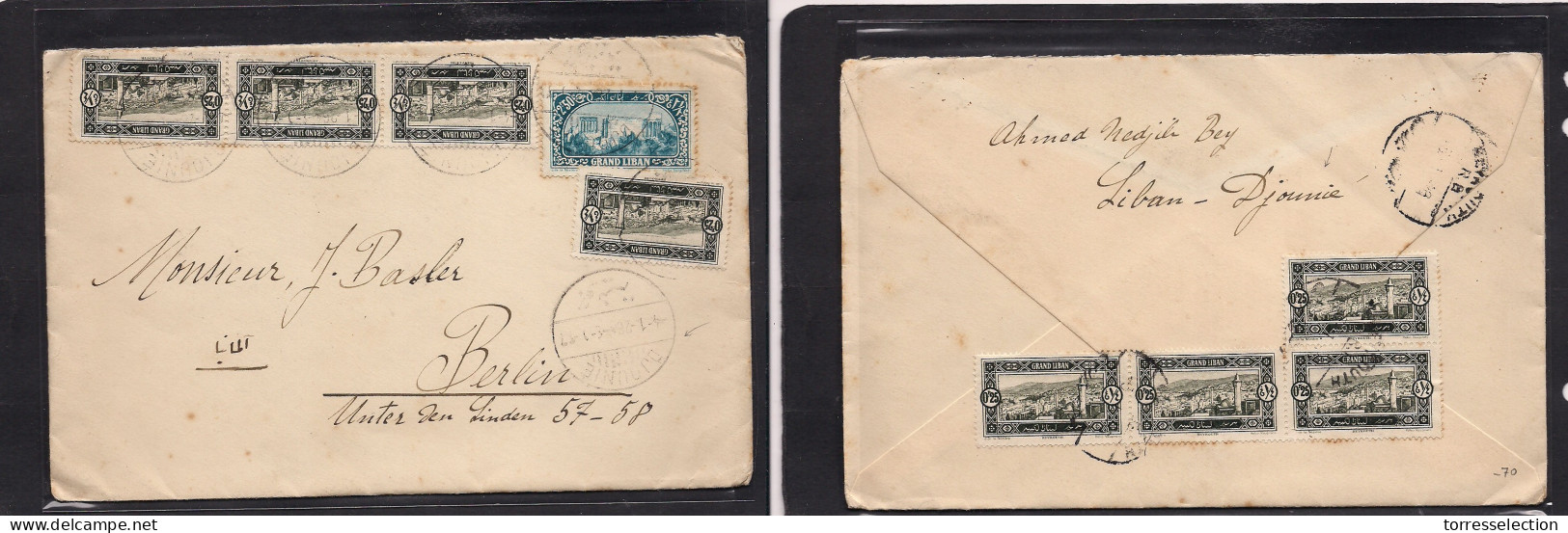 LEBANON. 1926 (4 Jan) Djounie - Germany, Berlin. Front And Reverse Multifkd Tied Depart Town Cds At 4,50 Fr Rate. Fine V - Lebanon
