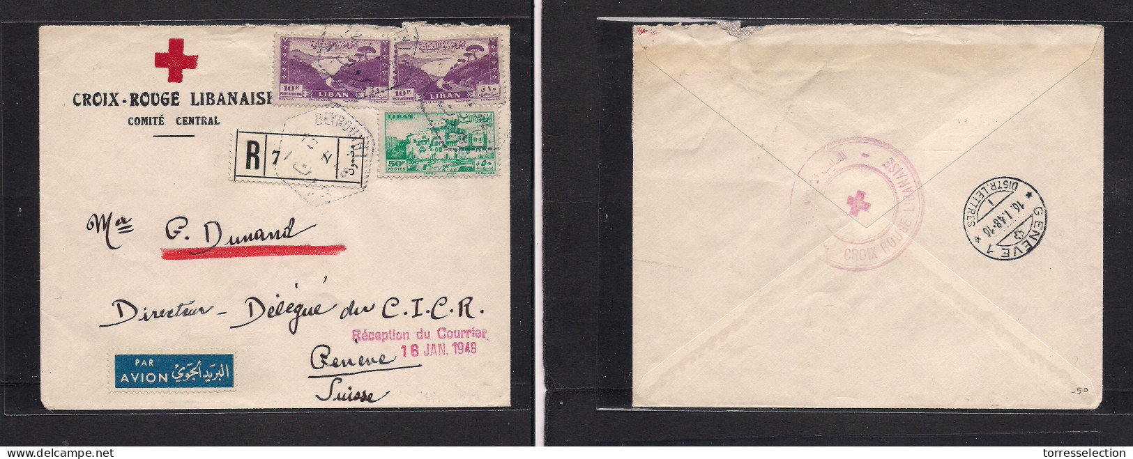 LEBANON. 1948 (12 Jan) Beyrouth - Switzerland, Geneva (16 Jan 48) Lebanese Red Cross. Multifkd Registered Airmail Envelo - Lebanon