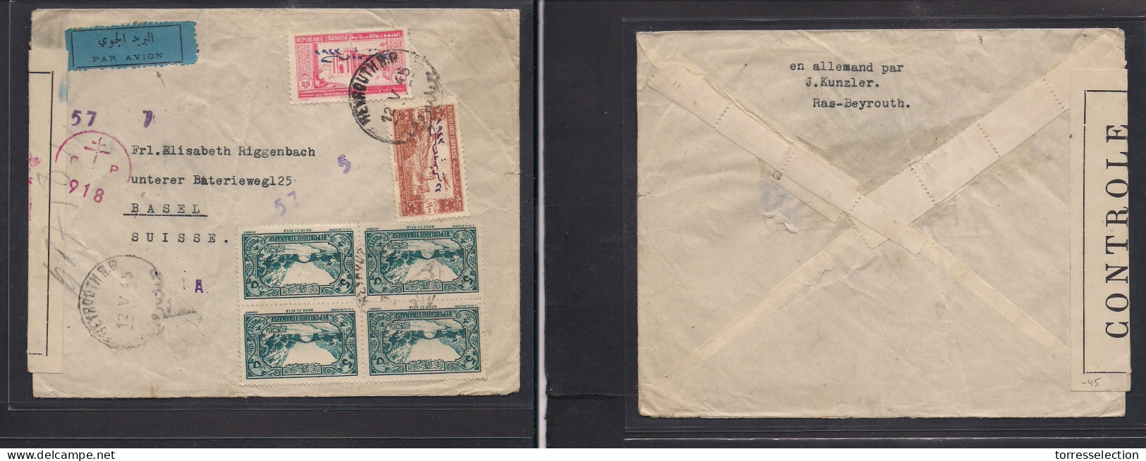 LEBANON. 1945 (12 May) GPO - Switzerland, Basel. Air Free France Censored Multifkd Envelope Red (x2) Ovptd Values. - Lebanon