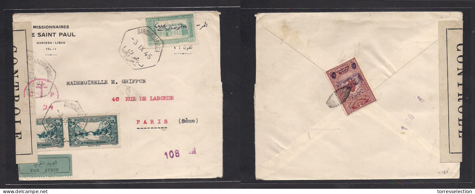 LEBANON. 1945 (3 Sept) Daroun Harissa - Paris, France. Air Multifkd Censored Envelope Gorgeous Bilingual Cancel Town Cds - Lebanon